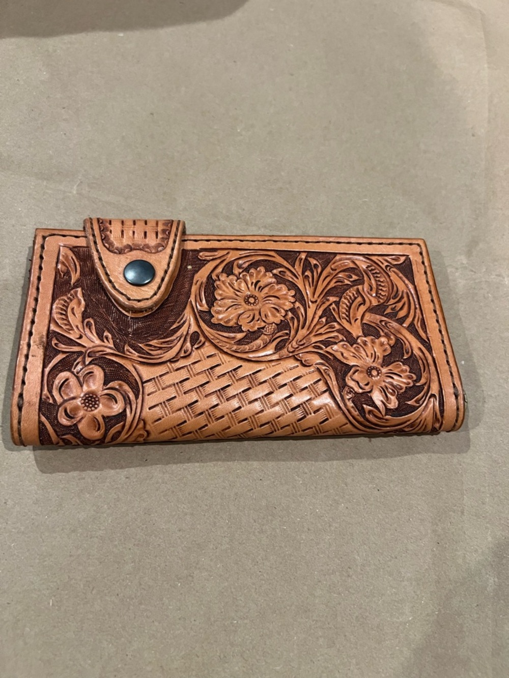 Tan Leather Bifold Wallet with Floral Stamp